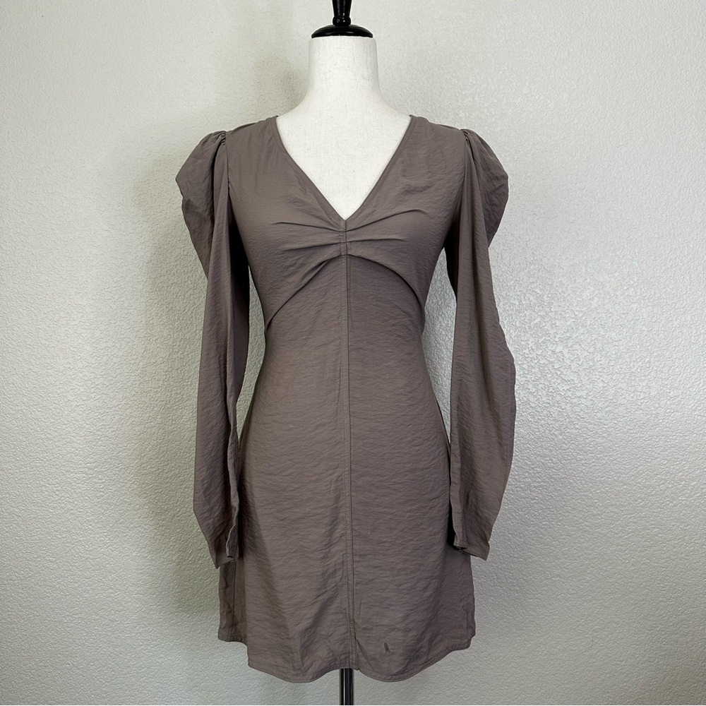 NWOT Aritzia Wilfred Freda Nomad Taupe Puff Sleeves Mini Dress, Size 00